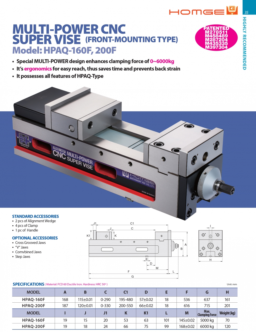 Ê tô CNC đa lực kẹp HPAQ-160F, HPAQ-200F Homge