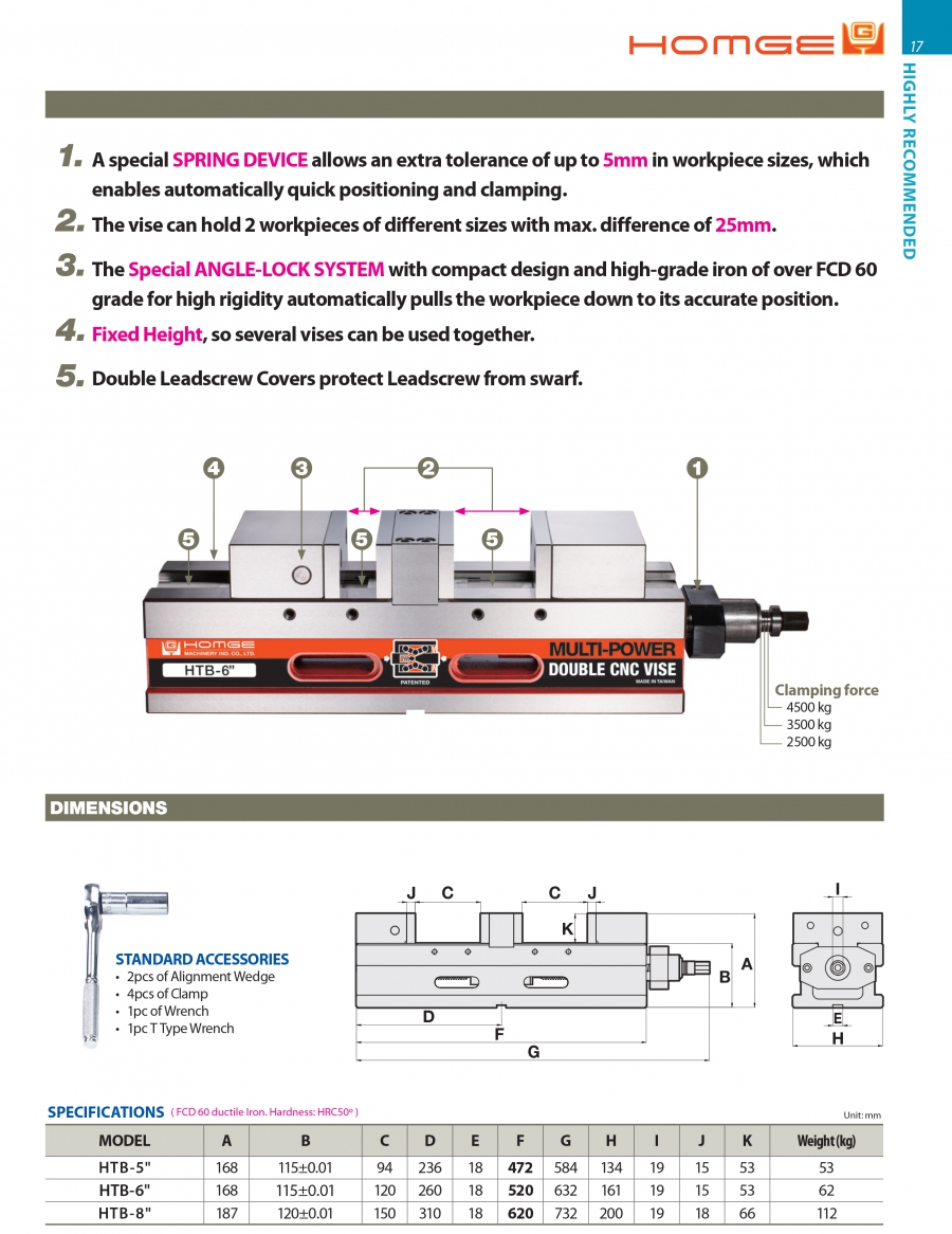 Ê tô kẹp đôi CNC đa lực HTB-5", HTB-6", HTB-8" Homge