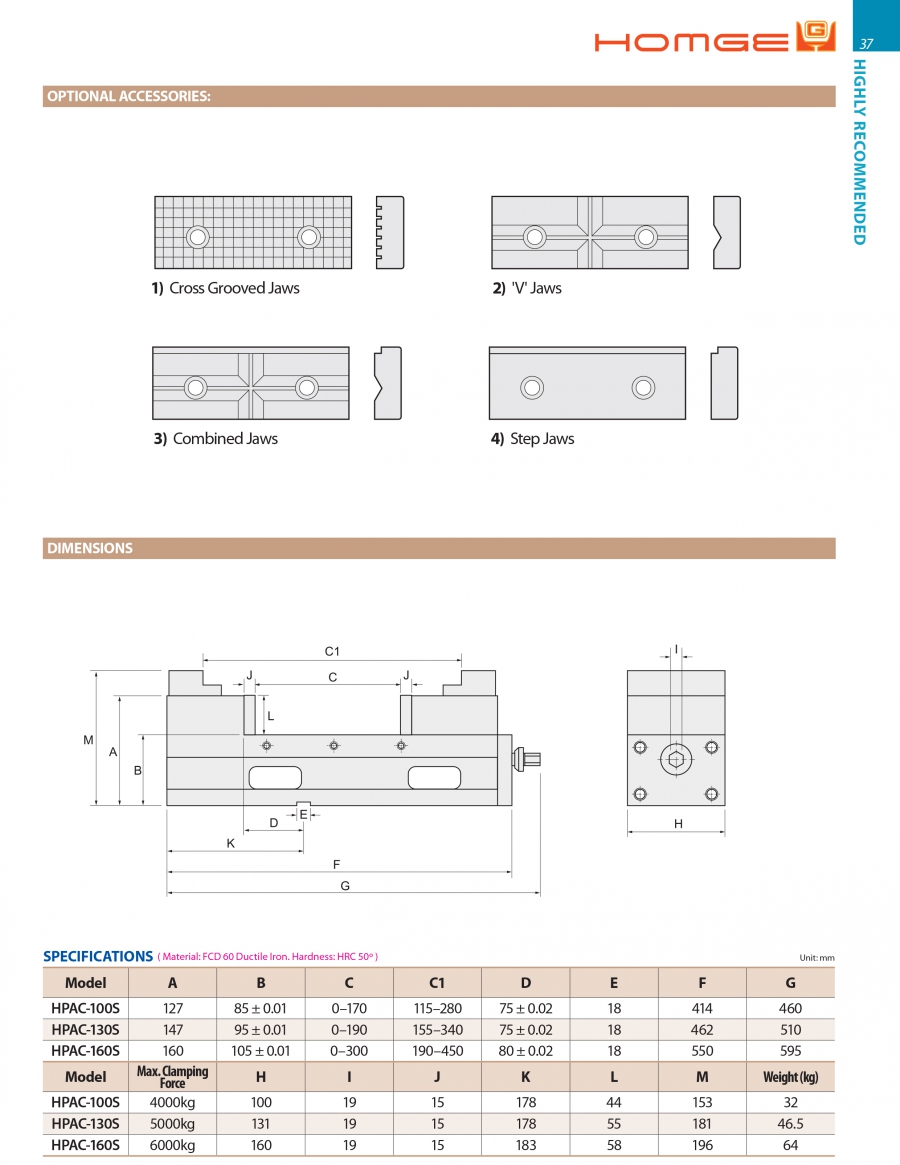 Ê tô CNC góc cố định HPAC-100S, HPAC-130S, HPAC-160S Homge