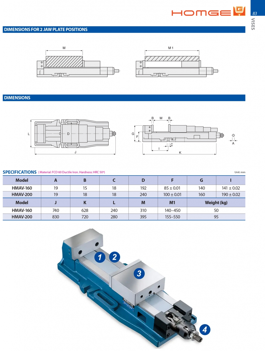 Ê tô khóa góc đa lực chính xác HMAV-160, HMAV-200 Homge