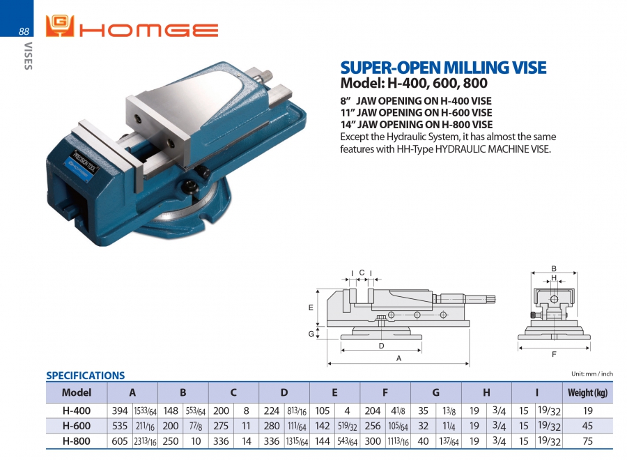 Ê tô phay độ mở lớn H-400, H-600, H-800 Homge