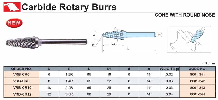 Mũi mài hợp kim VRB-CR6, VRB-CR8, VRB-CR10, VRB-CR12 Vertex
