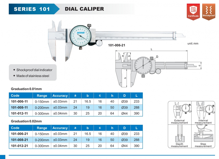 Thước cặp đồng hồ 0-150mm/0.02mm 101-006-21 Accud